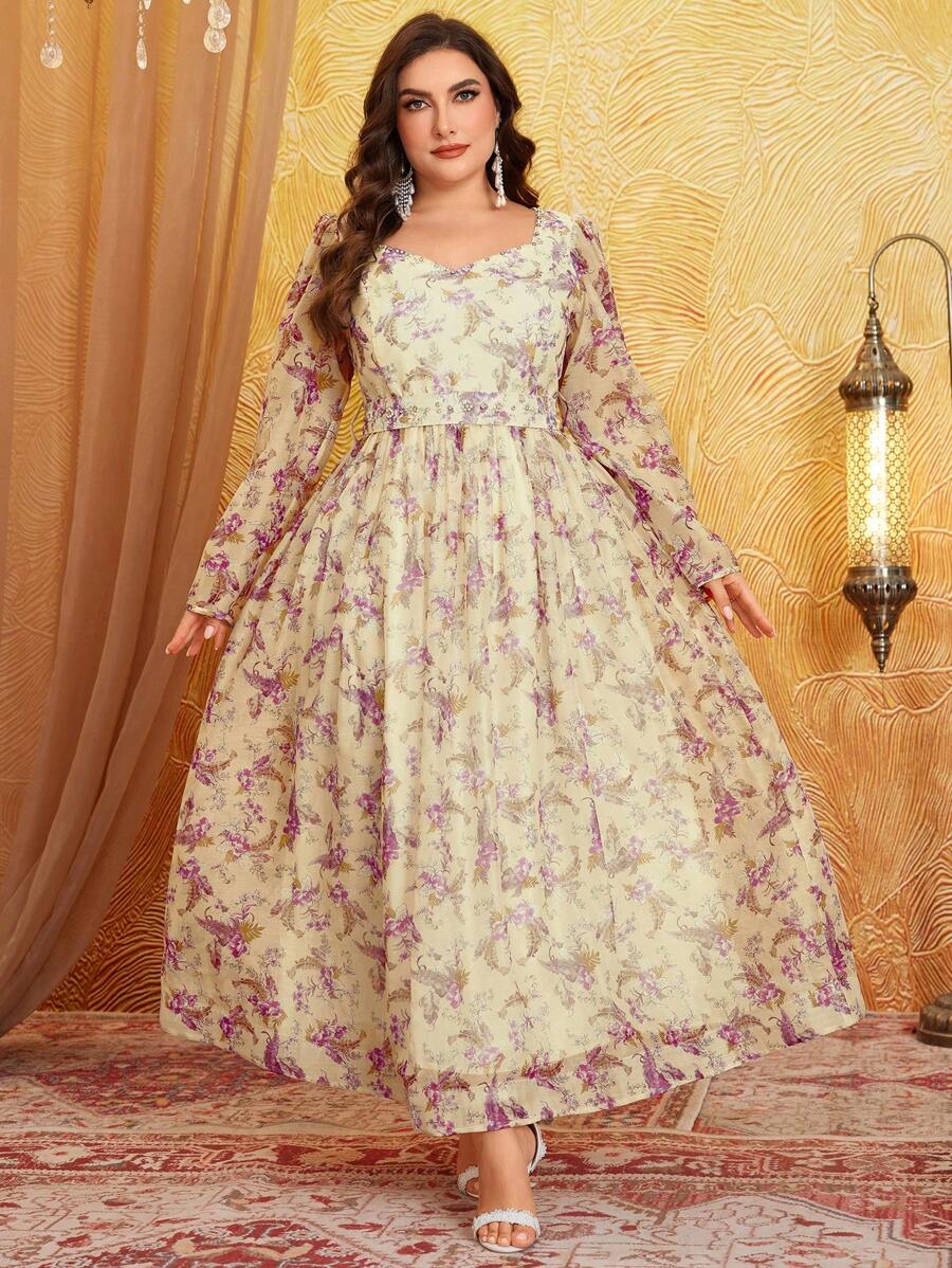 Plus Ditsy Floral Flounce Sleeve Chiffon Dress - Purple - View 1