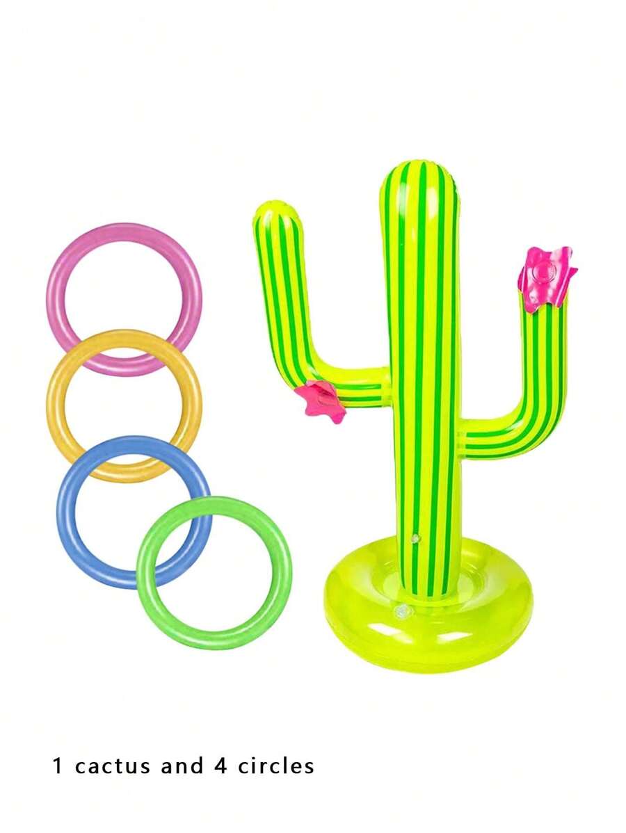 1set 4/6/8pcs Inflatable Cactus Ring Toss Game, Outdoor Swimming Pool Accessories - Green - View 1