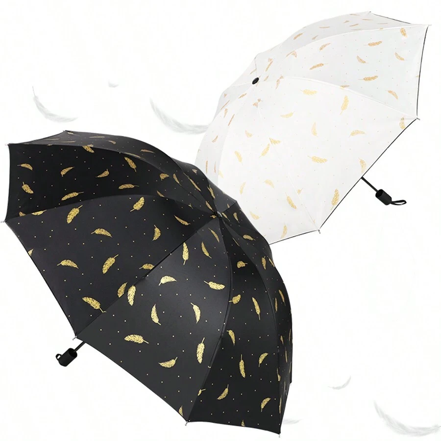 1 件优雅铝箔羽毛图案雨伞，8 骨黑色防紫外线可逆折叠遮阳伞，两用遮阳防雨伞，女士创意遮阳伞，防水，适合旅行，摄影道具 - 彩色 - 查看 1