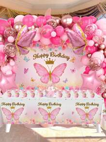 94pcs, Pink Butterfly Style Balloon, 1pc Pink Butterfly Decorative Backdrop, 1pc Beauty Butterfly Tablecloth, Balloon Combination Perfect For Wedding Bride Birthday Newborn Party Wall Background Decoration, Christmas