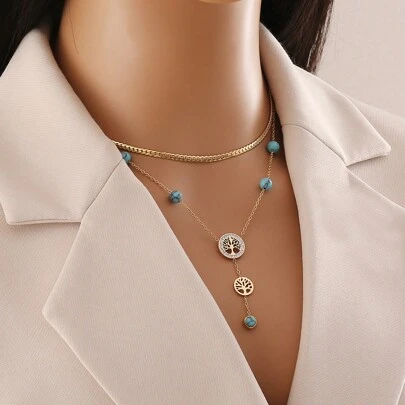 Freegrow 1入綠松石生命之樹不鏽鋼雙層項鏈，適合女性日常佩戴