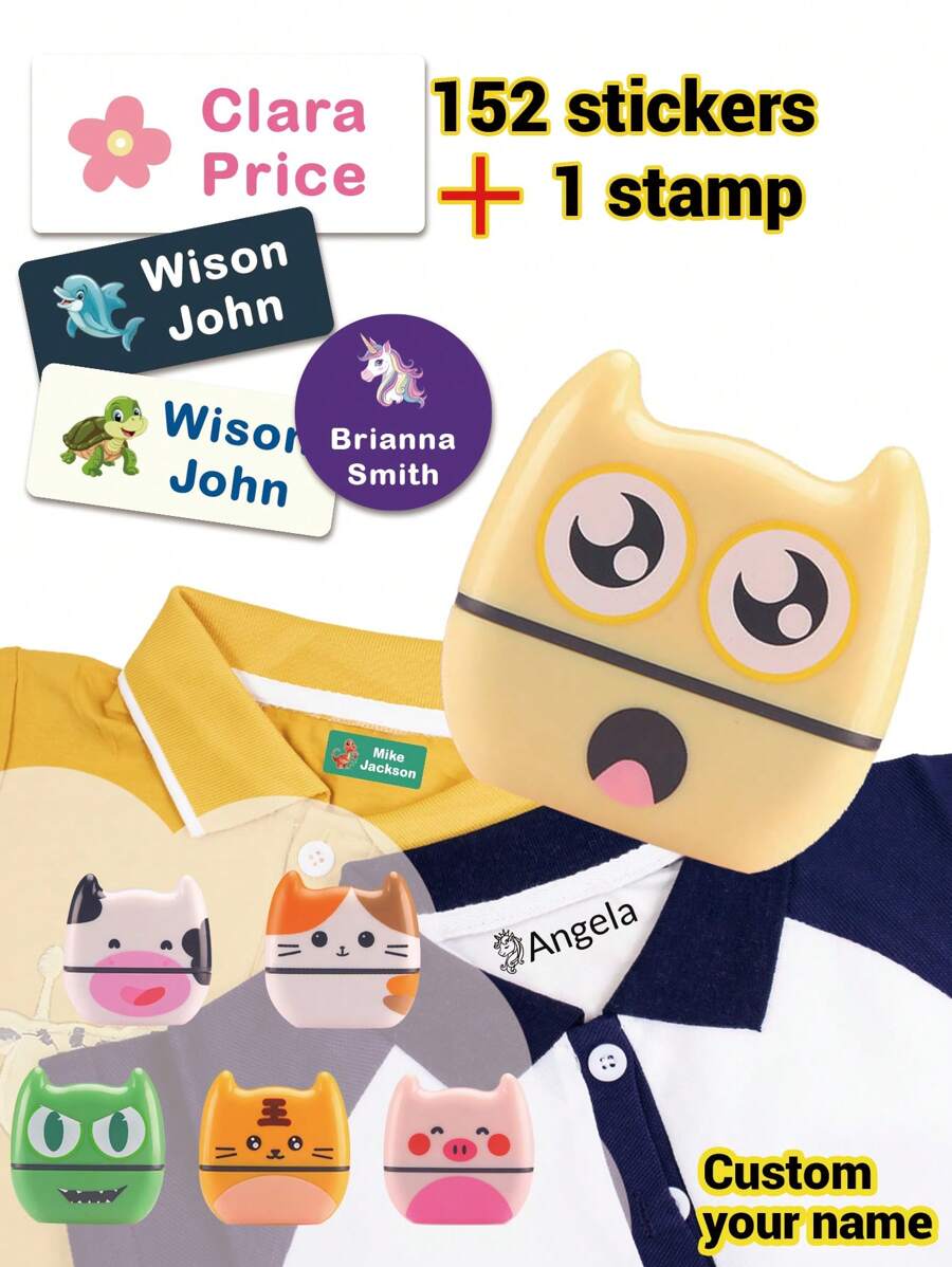 152 件免烫衣服姓名标签和 1 件儿童服装定制姓名印章防水个性化服装标签衣服个性化姓名印章、手写签名印章、衣服个性化服装印章、DIY 定制卡通自印姓名印章商务用学校学生文具礼物