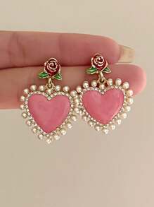 1 paire Boucles d'oreilles vintage romantiques avec perle en forme de rose et de cœur, clous d'oreilles de style français élégant haut de gamme