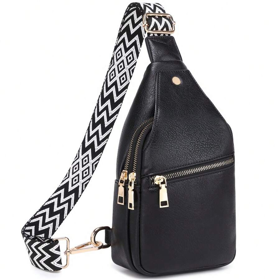 ►Perfect Size And Pockets - This Cross Body Bag Measures 11.4 X 5.9 X 2.8 In/29 X 15 X 7cm, Making It Lightweight And Compact Enough To Carry Around Easily. It Has 2 Zip Pockets, 1 Magnetic Pocket, 1 Front Zip Pocket, And 1 Back Zip Pocket, Along With Built-In Card Slots, Providing Ample Space To Store Your Phone, Wallet, Sunglasses, Cash, Coins, Cards, Keys, Passport, Lipstick, Etc Essentials. Plus, A Headphone Hole At The Top Of The Back Of The Leather Sling Bag Provides Added Convenience. - 黑色 - 查看 1