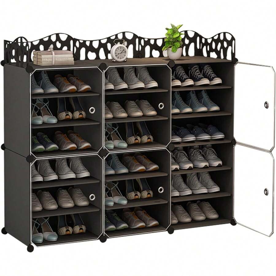 Shoe Rack Storage Cabinet With Doors, Portable Shoes Rack Organizer, Expandable Standing Rack, Storage 36-72 Pairs Shoes, Boots, Slippers For Entryway, Bedroom, Bedroom 6-Tier(Black) - Black - View 1