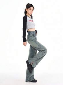 女款休閒時尚直筒牛仔褲，具有水洗效果和口袋設計 - 藍色 - 查看 6