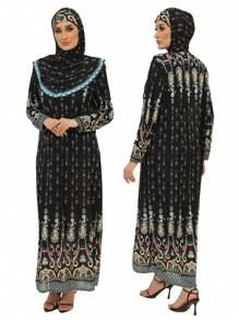 端莊的穆斯林長袍和長袍，適合女性穿著 |迪拜和摩洛哥風格的帶頭巾 |適合禮拜、家庭和戶外活動的穆斯林祈禱衣和朝覲必備品，休閒風格 - 頭巾+連身裙合體 - 查看 12