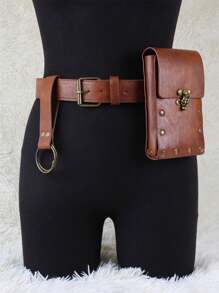 3件套中世纪腰包棕色PU皮革腰包复古裙套适合文艺复兴时期维京时代腰包角色扮演道具 - 棕色 - 查看 10