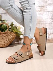 Kaki sandalen voor dames van imitatiesuède met dubbele gesp voor het weer naar school, klassieke platte buitenpantoffels met binnenzool van imitatiehout - Kaki - Bekijken 2