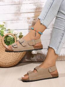 Kaki sandalen voor dames van imitatiesuède met dubbele gesp voor het weer naar school, klassieke platte buitenpantoffels met binnenzool van imitatiehout - Kaki - Bekijken 3