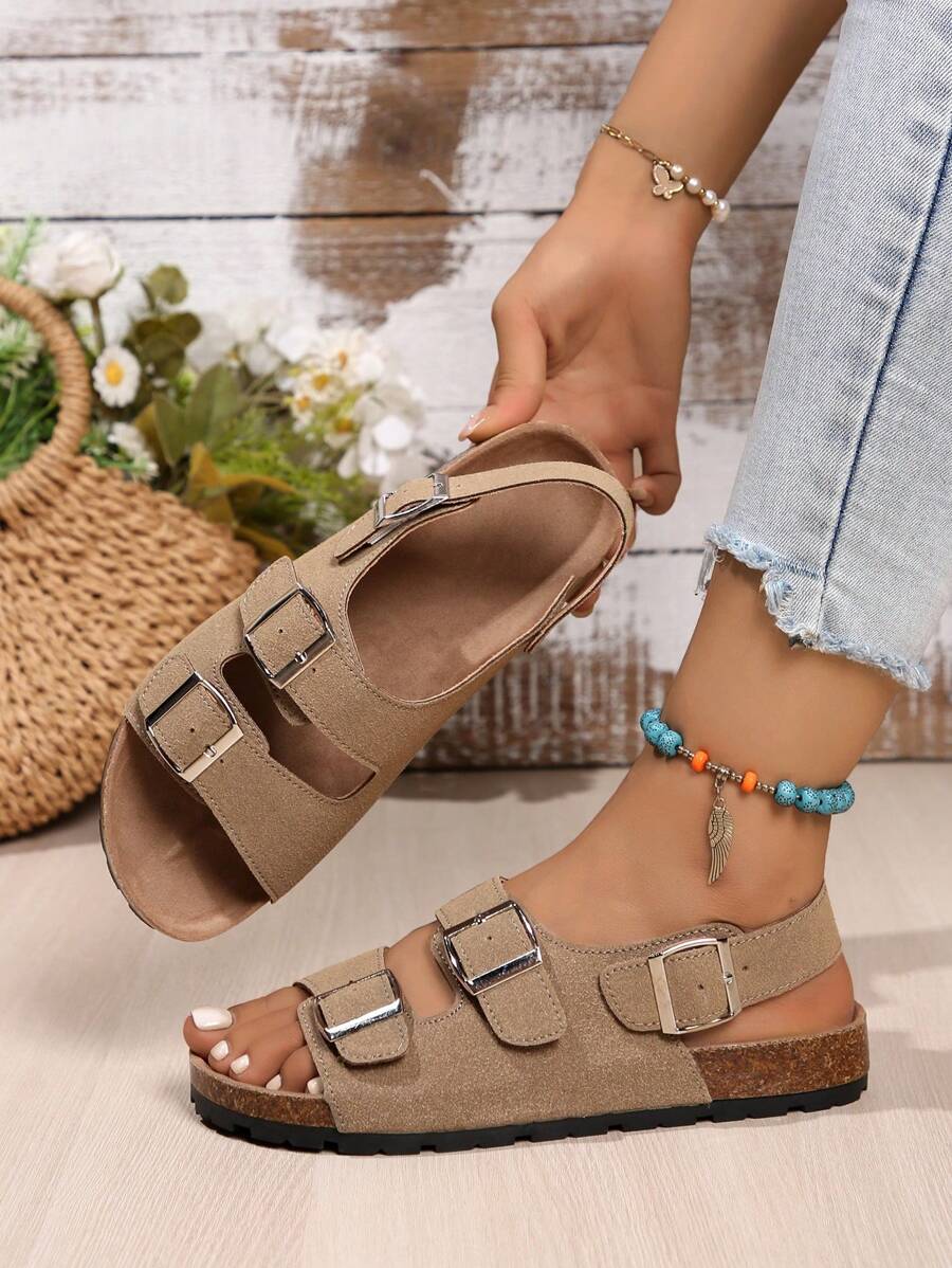 Kaki sandalen voor dames van imitatiesuède met dubbele gesp voor het weer naar school, klassieke platte buitenpantoffels met binnenzool van imitatiehout - Kaki - Bekijken 1