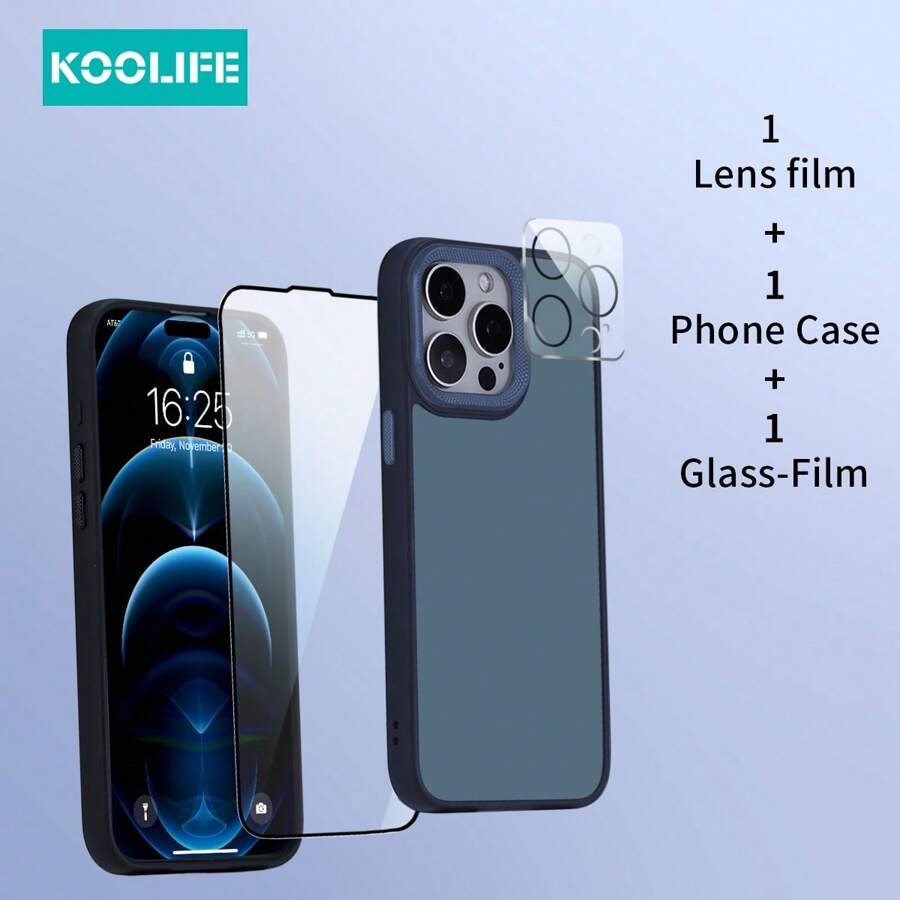 Koolife 3入組套裝（1入組亮片觸感防摔全覆蓋手機殼、1入組全屏高清透明黑絲邊手機鋼化玻璃貼膜、1入組相機鏡片保護膜），適用於蘋果iPhone12/12pro/12promax/13/13pro/13promax/14/14plus/14pro/14promax/15/15pro/15plus/15promax - 深藍色 - 查看 1