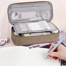 Large Pencil Case,Pencil Pouch With Zipper Compartments,Aesthetic Pencil Case For Adults,Stationery Pouch Pen Case For Office,Suitable For Junior High School Primary School Boys And Girls College Student - 卡其色 - 查看 5
