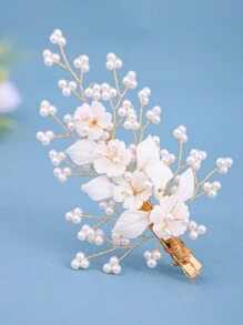 1pc Elegant Flower & Pearl Hair Clip, Bridal Wedding Hair Accessory - White - View 1