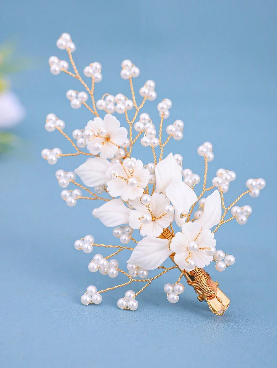1pc Elegant Flower & Pearl Hair Clip, Bridal Wedding Hair Accessory - White - View 1