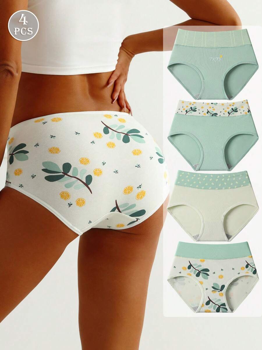 4pcs Women High Waist Soft Printed Briefs, Butt Lifting Comfortable Underwear, Suitable For Plus Size