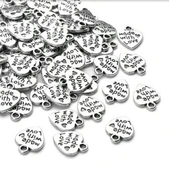 20pcs/50pcs/100pcs Silver Plated Love Charm Heart Shaped Letter Pendant Labels "Made With Love" For DIY Jewelry Making