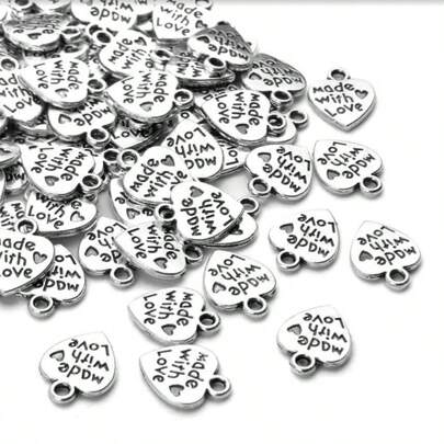 20pcs/50pcs/100pcs Silver Plated Love Charm Heart Shaped Letter Pendant Labels "Made With Love" For DIY Jewelry Making