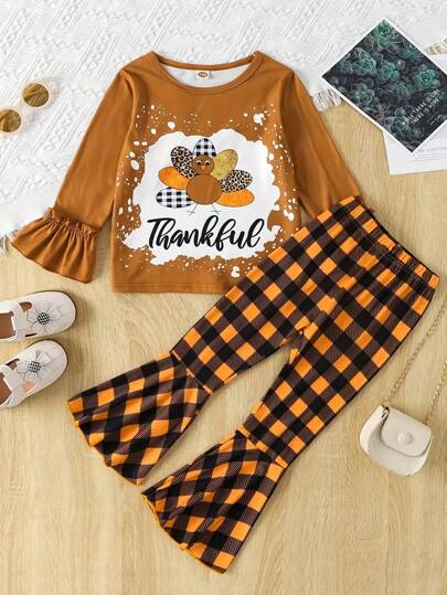 Thanksgiving Outfits For Girls, Thanksgiving-Themed Prints, Round-Neck Long-Sleeved Plaid Print Flared Pants, Girls' Sets, Young Girl' Thanksgiving Outfits, Girls' Tracksuit Sets