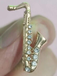 1 Peça Novo Broche com formato de Saxofone, alfinete de lapela de cristal para acessório de trajes de músicos - Dourado - Visão 4