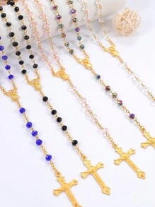 1pc Elegant Crystal & Faux Pearl Bead Necklace With Maria, Jesus Cross, And Alloy Pendant, Personalized Necklace For Religious Christians - Crystal Imitation Pearl Beaded Necklace - View 7
