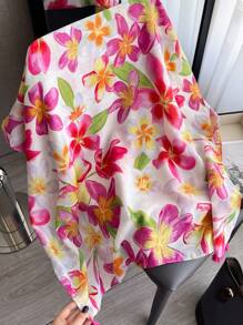 1pc Elegant Plant & Floral Print Linen Pendant Long Scarf, Women Versatile Head Wrap, Shawl, Fashion Accessory, Sunscreen Beach Wrap - Multicolor - View 2