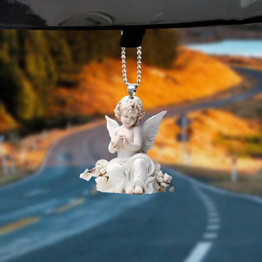 1pc Beautiful Little Angel 2D Acrylic Flat Car Rearview Mirror Ornament, Keychain, Backpack Decoration Gift Accessory - Multicolor - View 1