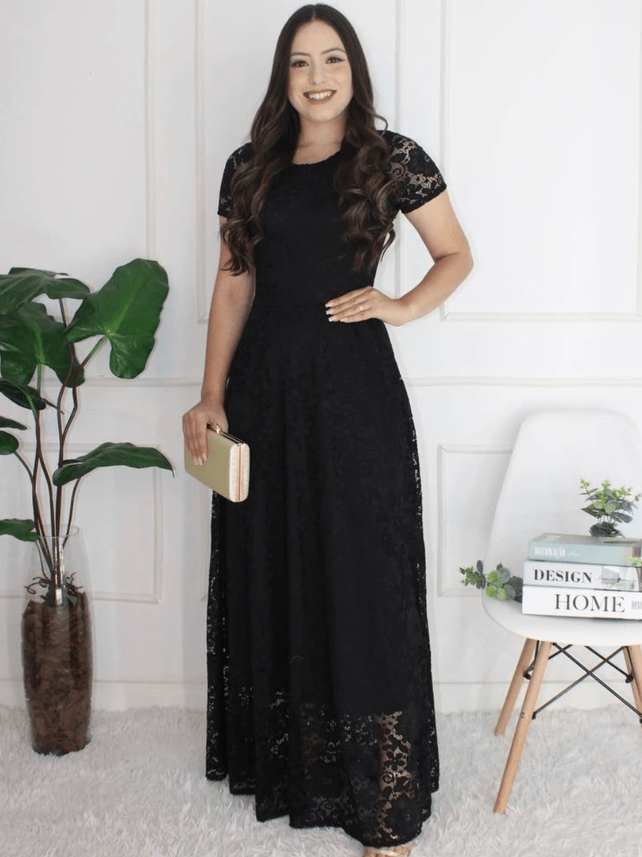 Long Swing Dress Elegant Party Social Mnaga Curta Graduation - 黑色 - 查看 1