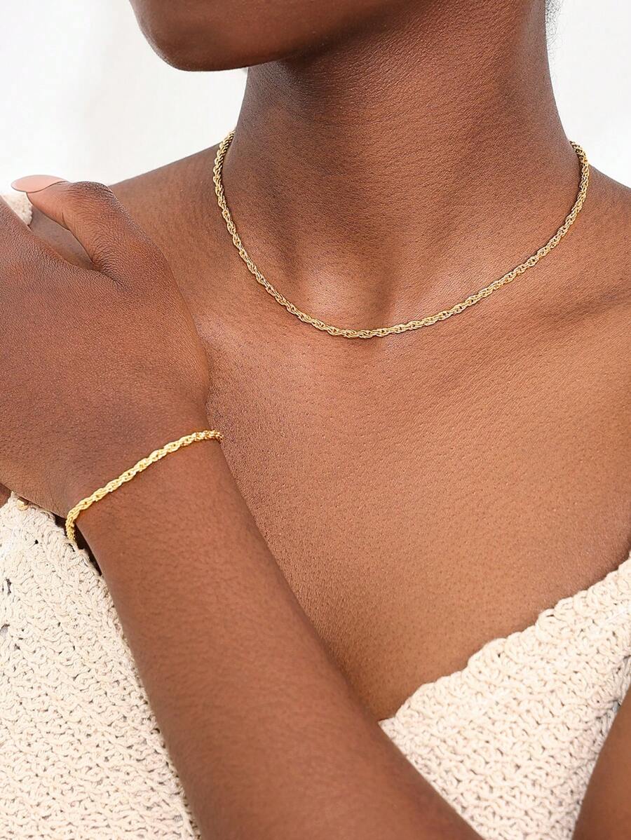1 conjunto de collar de cadena de churros fritos minimalista con brazalete, adecuado para uso diario - Amarillo Oro - Ver 1
