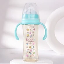 1pc 270ml Geometric Pattern PPSU Baby Bottle With Silicone Nipple, Anti-Drop Material With Handle For Self-Feeding