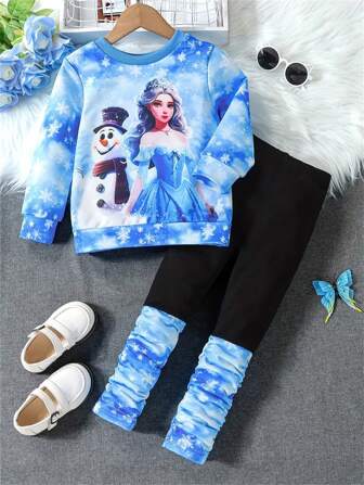 2pcs Young Girls Dreamy Outfits, Cartoon Snow Princess And Snowman Graphic Pullover + Splicing Pants Young Girl, For Christmas