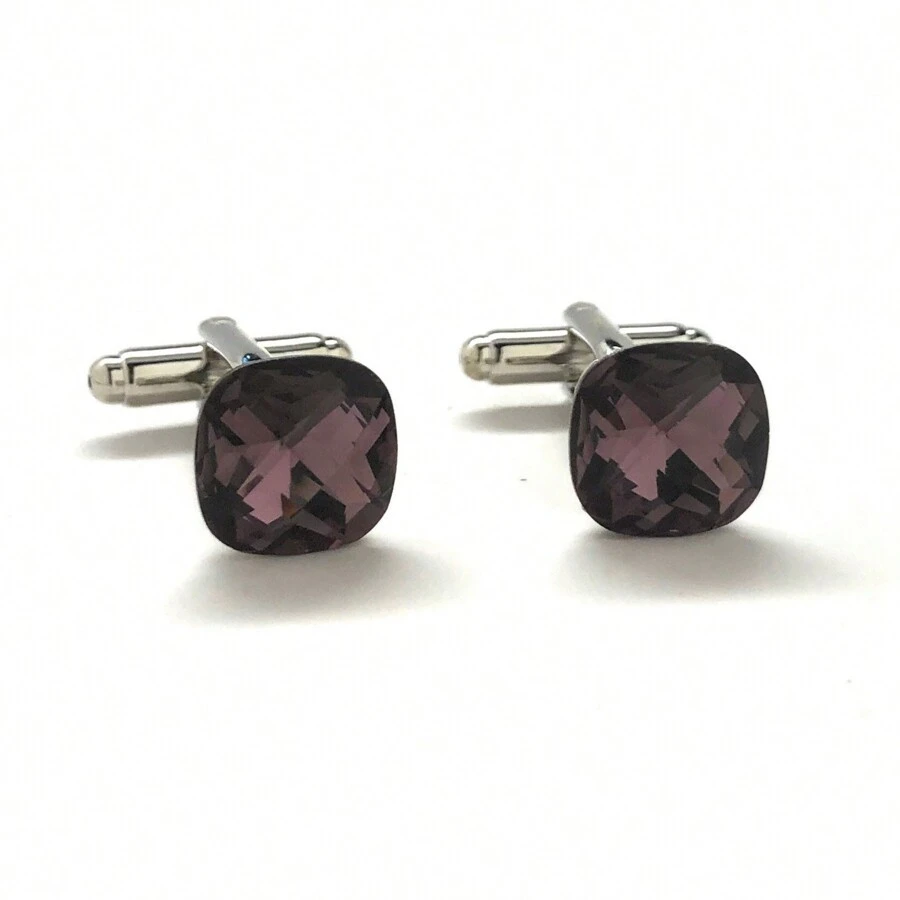 Big Purple Diamond Cut Crystal Cufflinks Silver Tone Post With Bullet Backing Cuff Links Comes With Gift Box - 彩色 - 查看 1