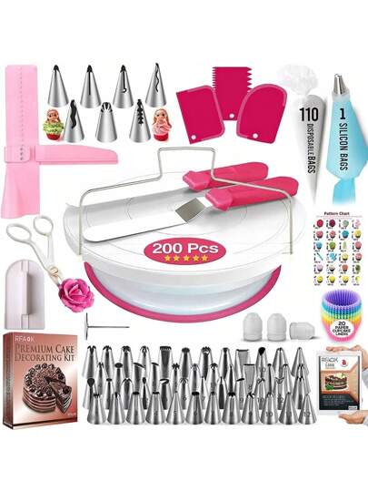 Kit de 200 piezas de suministros para decoración de pastel para principiantes, 1 soporte giratorio para pastel con mangas de repostería y puntas, 2 espátulas, nivelador de pastel y alisador de glaseado, 55 puntas y boquillas de manga de repostería, herramientas de horneado, 20 forros de cupcake