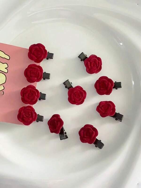 10 件红色毛绒花和树脂女孩发夹，迷你红玫瑰发夹，适合圣诞节、新年装饰