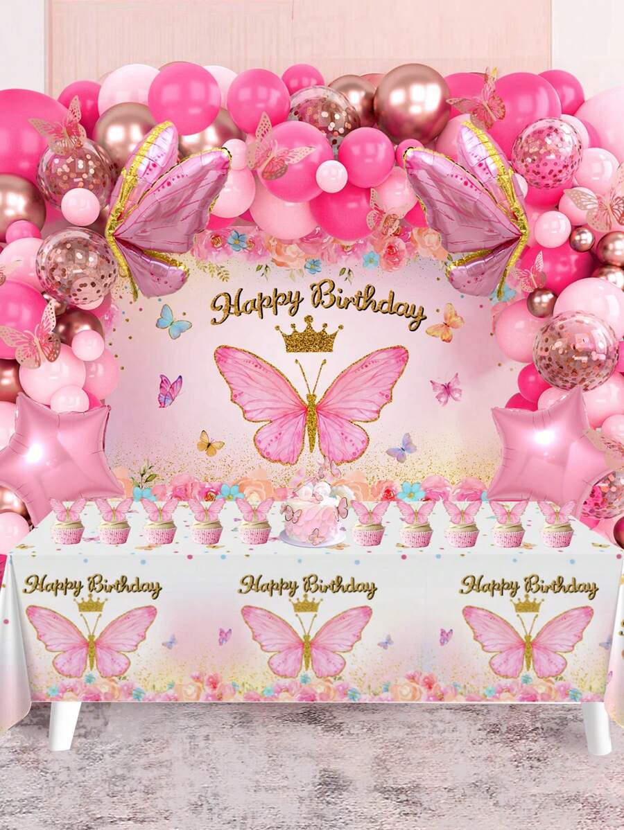 94pcs, Pink Butterfly Style Balloon, 1pc Pink Butterfly Decorative Backdrop, 1pc Beauty Butterfly Tablecloth, Balloon Combination Perfect For Wedding Bride Birthday Newborn Party Wall Background Decoration, Christmas