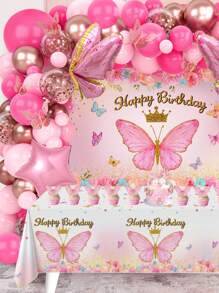94pcs, Pink Butterfly Style Balloon, 1pc Pink Butterfly Decorative Backdrop, 1pc Beauty Butterfly Tablecloth, Balloon Combination Perfect For Wedding Bride Birthday Newborn Party Wall Background Decoration, Christmas