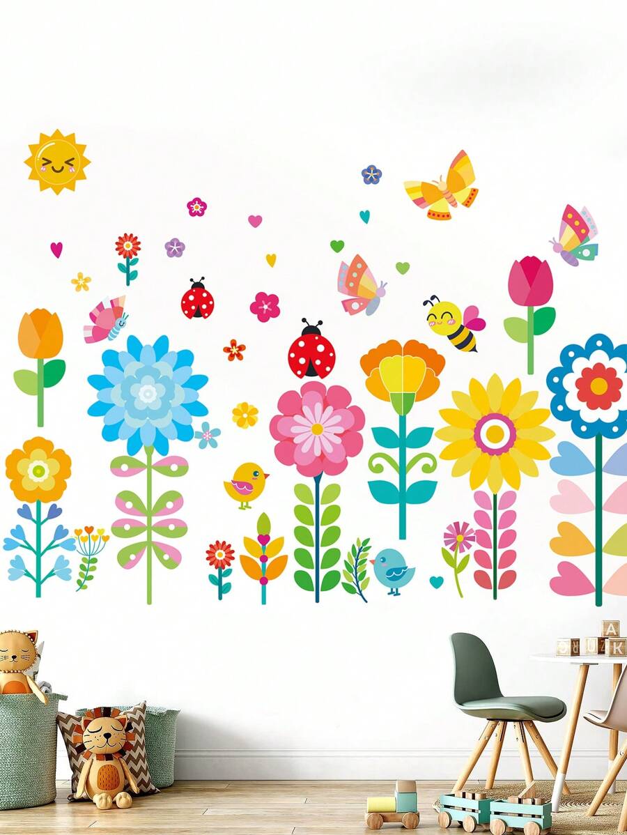 5 件/套卡通花园植物蝴蝶自粘墙贴，PVC 防水防潮墙面装饰乙烯基贴花，适用于卧室装饰、房间装饰品、万圣节装饰、秋季装饰、教室装饰、可移除贴纸、贴纸、墙贴花、家居装饰乙烯基贴花、春季装饰品让您的家焕然一新、节日装饰贴纸礼物生日毕业