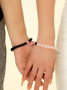 ATLVXJL 2pcs/Set Couple Luminous Heart Jewelry Set, Black Beaded Bracelet, Valentine's Day Gift - Multicolor - View 2