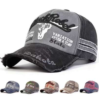1pc Men's Letter Washed Baseball Cap, Adjustable Distressed Outdoor Sun Hat, Suitable For Casual Wear, Spring/Autumn Travel, Beach, Party