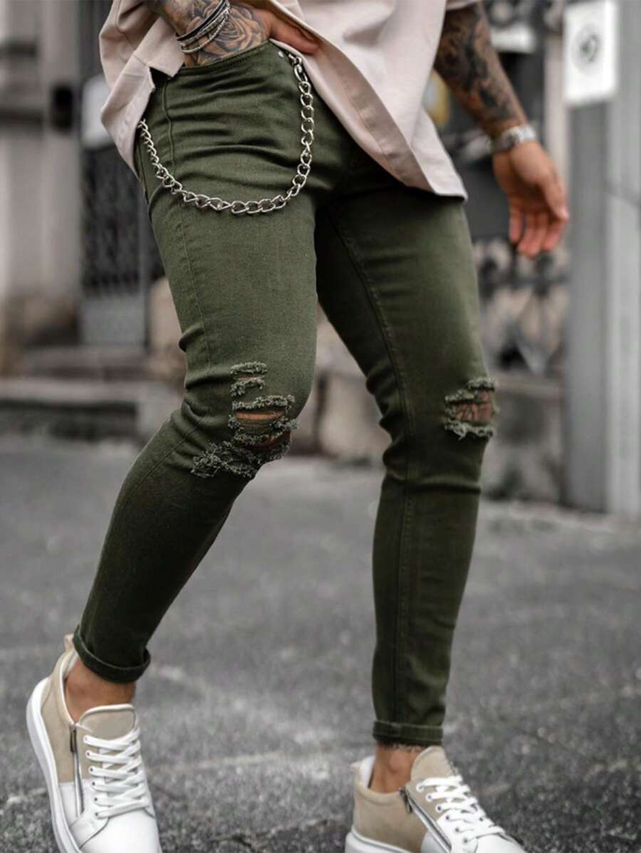 Men's Fashionable Slim-Fit Stretchy Capri-Length Jeans, American Style Casual Wear - Army Green - View 1