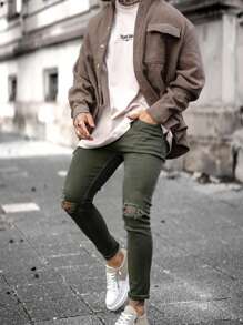 Men's Fashionable Slim-Fit Stretchy Capri-Length Jeans, American Style Casual Wear - Army Green - View 2