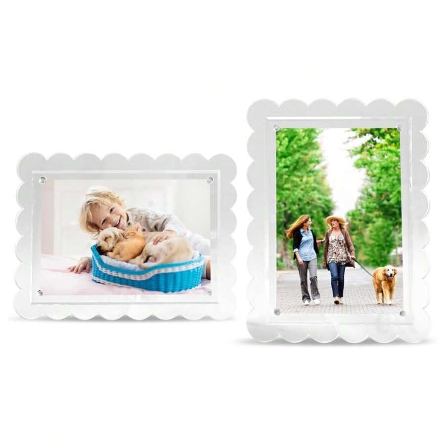 Scalloped Photo Frame With Magnetic Tabletop Display , Horizontal Or Vertical Display For High Definition Minimalist Pictures. - Clear - View 1