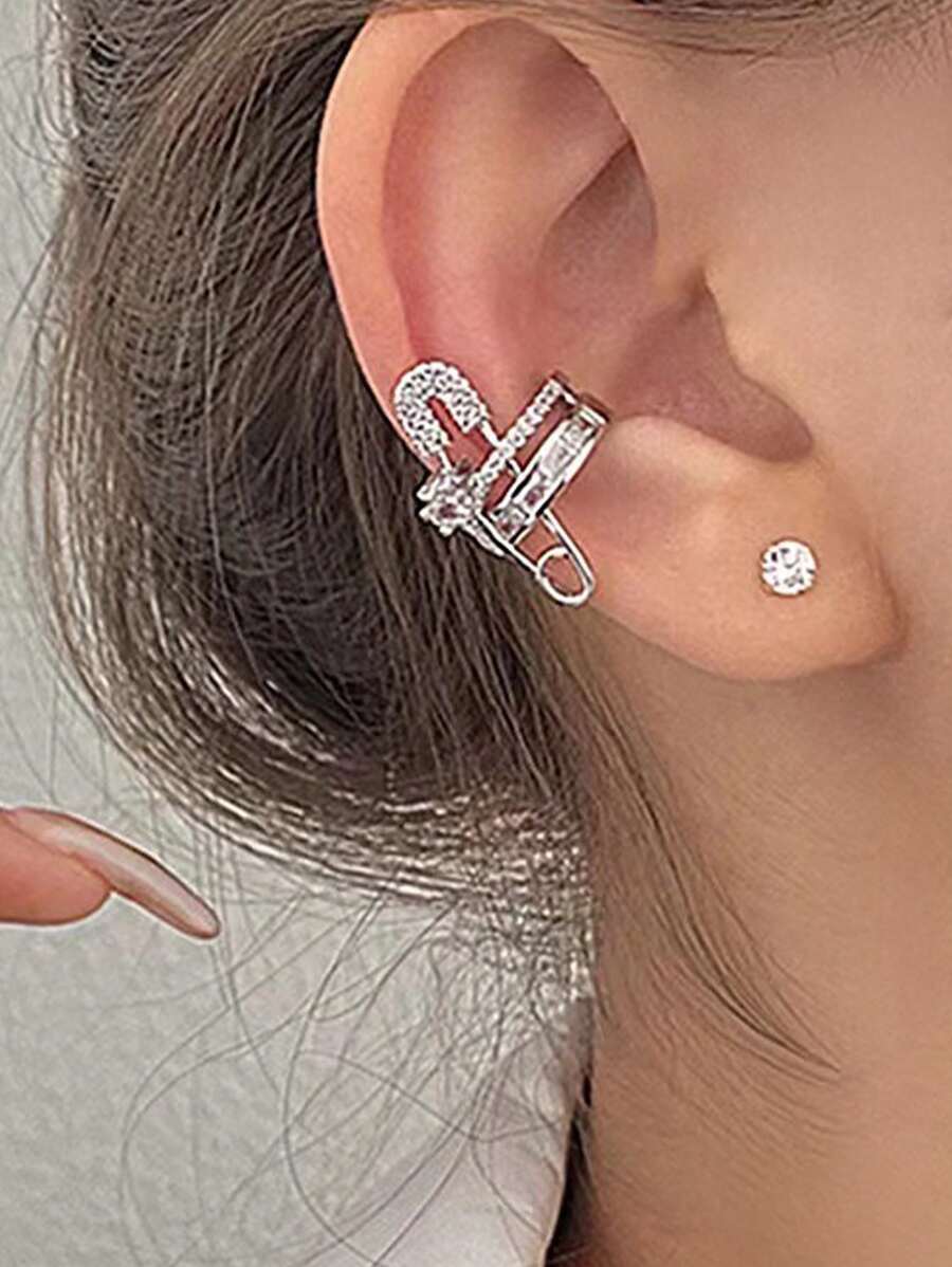 1pc Fashionable Copper Ear Clip With Rhinestone Inlay, Suitable For Women's Parties, Gatherings And Daily Wear - Silver - View 1