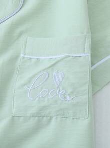 Women's Contrast Trim Short Sleeve Shirt With Button Closure And Bowknot Shorts Pajama Set, Suitable For Home Use In Summer - Green - View 4