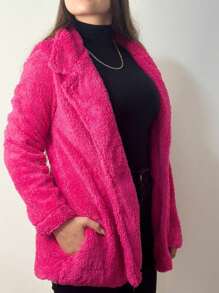 Casaco Teddy Inverno Feminino Longo Com Forro Pelúcia Blusa Feminina - Pink - Visão 3