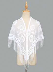 1 chiếc khăn choàng tam giác tua rua thoáng khí khoét rỗng dành cho nữ có họa tiết hình học, áo choàng dây đeo thời trang và đa năng, thích hợp để mặc hàng ngày cho ngày lễ tình nhân - 01-trắng - Xem 2