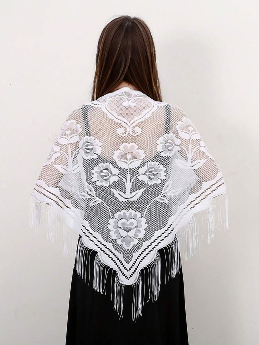 1 chiếc khăn choàng tam giác tua rua thoáng khí khoét rỗng dành cho nữ có họa tiết hình học, áo choàng dây đeo thời trang và đa năng, thích hợp để mặc hàng ngày cho ngày lễ tình nhân - 01-trắng - Xem 1