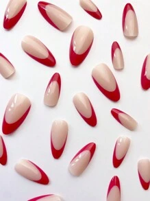 24 件/套浓郁浆果红和法国杏仁时尚设计全覆盖假指甲适合女性和女孩的日常生活和派对，含 1 件果冻胶和 1 件指甲锉按压指甲美甲用品指甲 - 紅色 - 查看 3