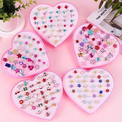 36個入り キッズ用 調整可能 プラスチック & メタルリング ギフトボックス プリンセスパーティークラウン & ドロップオイルデザインアクセサリー、女の子の誕生日プレゼント、クリスマスギフト