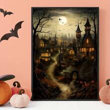 1pc Old Village With Pumpkins, Castle Landscape Halloween Countryside Print, Farmhouse Dark Academia, Cottage Decor, Vintage Poster, Gothic Canvas Painting, Gothic Halloween Decor, No Frame - Multicolor - View 4